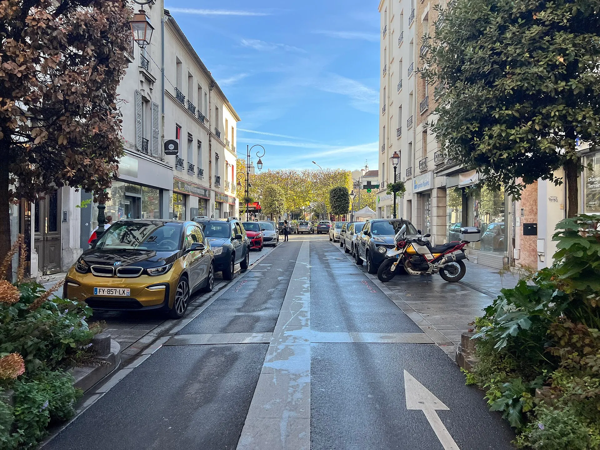 La rue Voltaire à La Garenne-Colombes, dans les Hauts-de-Seine, bordée d'immeubles résidentiels, de commerces et d'arbres.