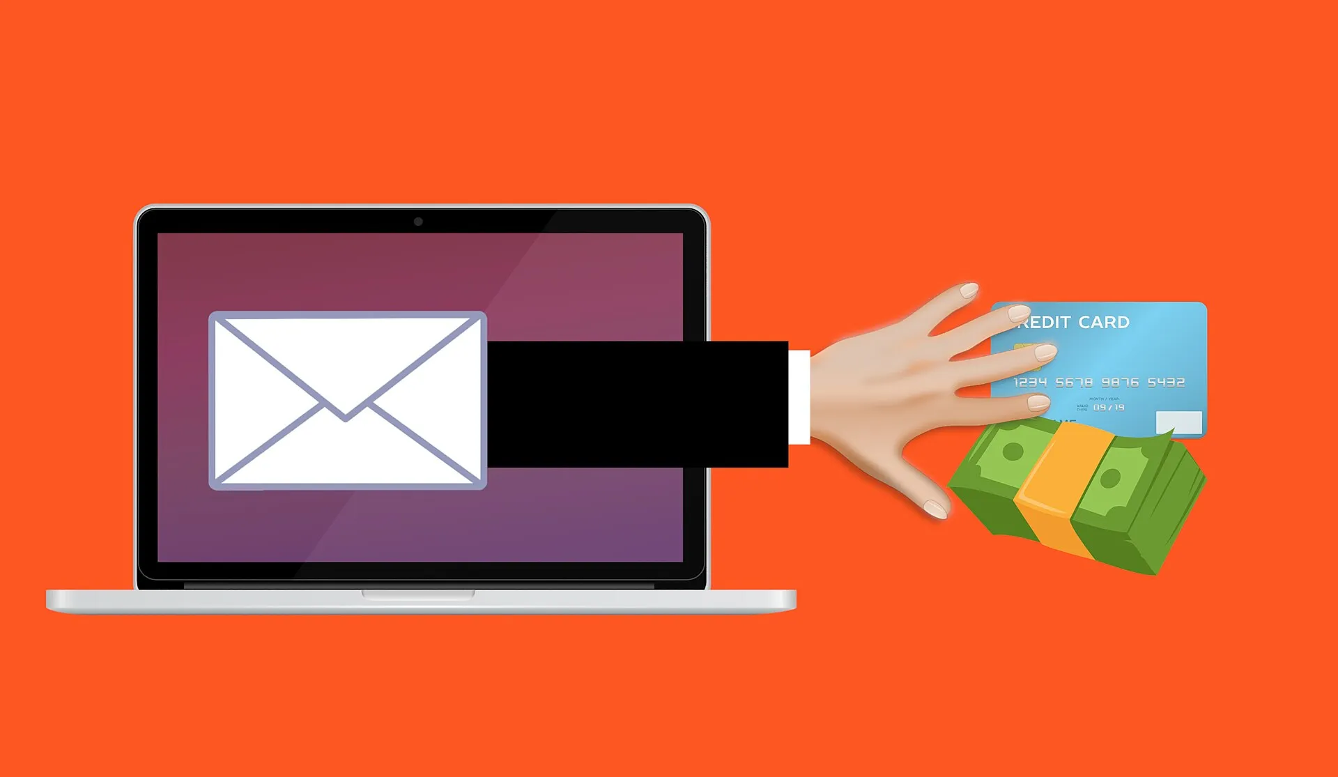 Illustration sur fond orange : un e-mail s'affiche sur un ordinateur portable et une main en sort pour saisir une carte bancaire et des billets, symbole d'une escroquerie en ligne.